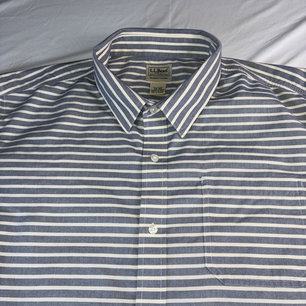 LL Bean Mens XXL Blue White Striped Cotton Button Down Shirt Slightly Fitted